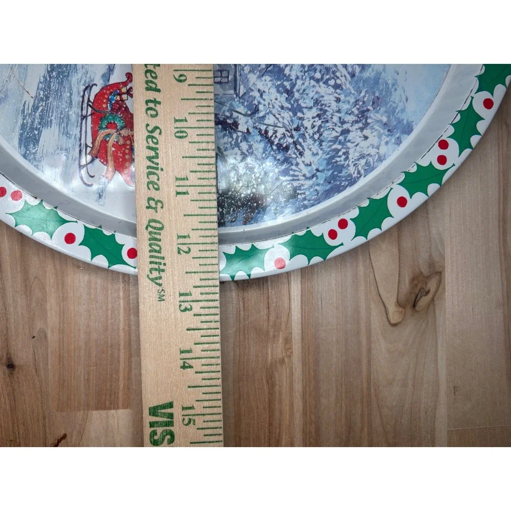 Vintage Christmas Metal Serving Tray Winter Village Scene Horse Sleigh Rite Aid